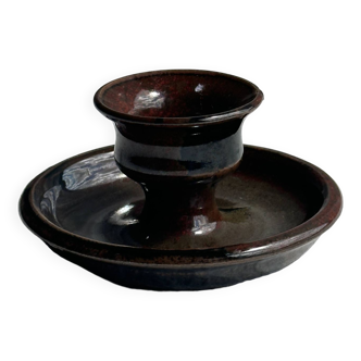 Small brown glazed ceramic candle holder