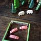 Village small farm wood painted with animals and characters stored in a large old box.