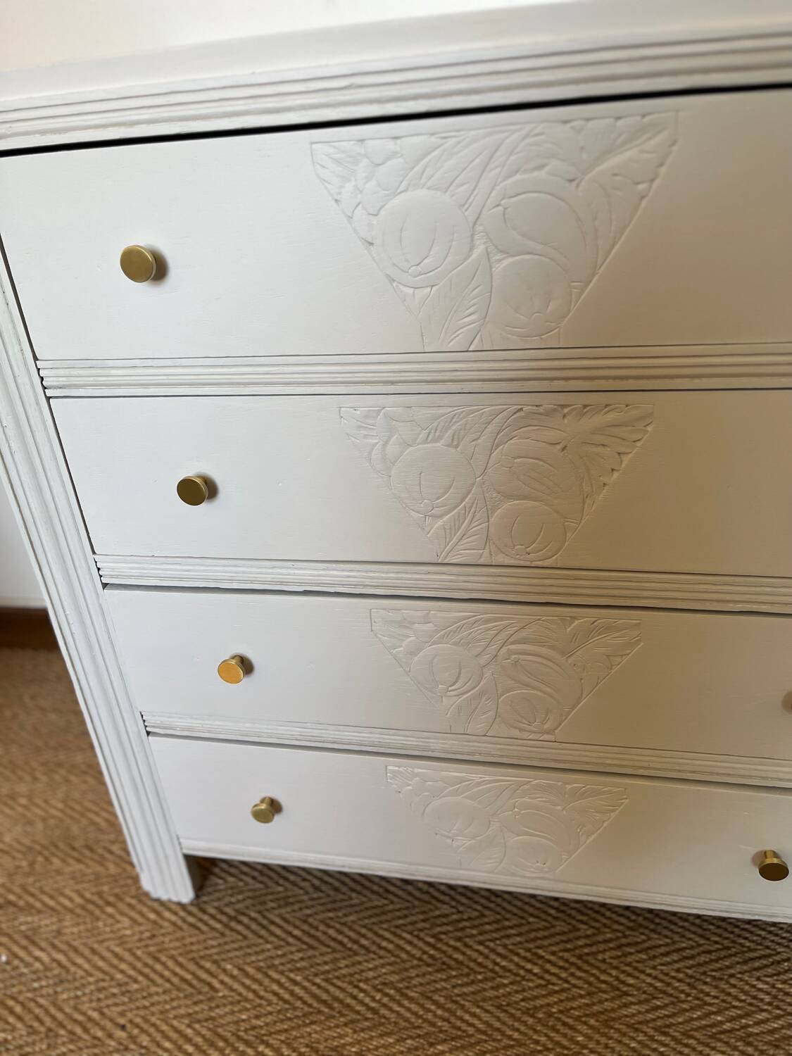 Restored wooden art deco chest of drawers with gilded handles