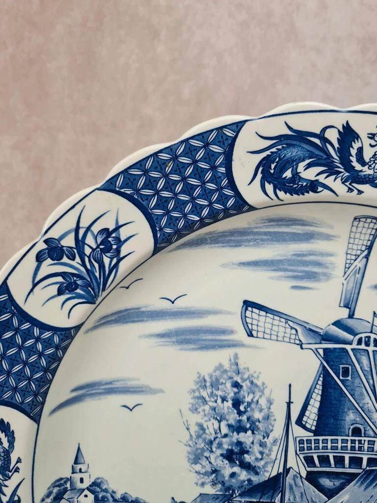 Large decorative wall plate blue and white windmills Delft style 41 cm
