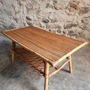 Vintage bamboo and rattan coffee table with magazine rack, French, circa 1960–1970.