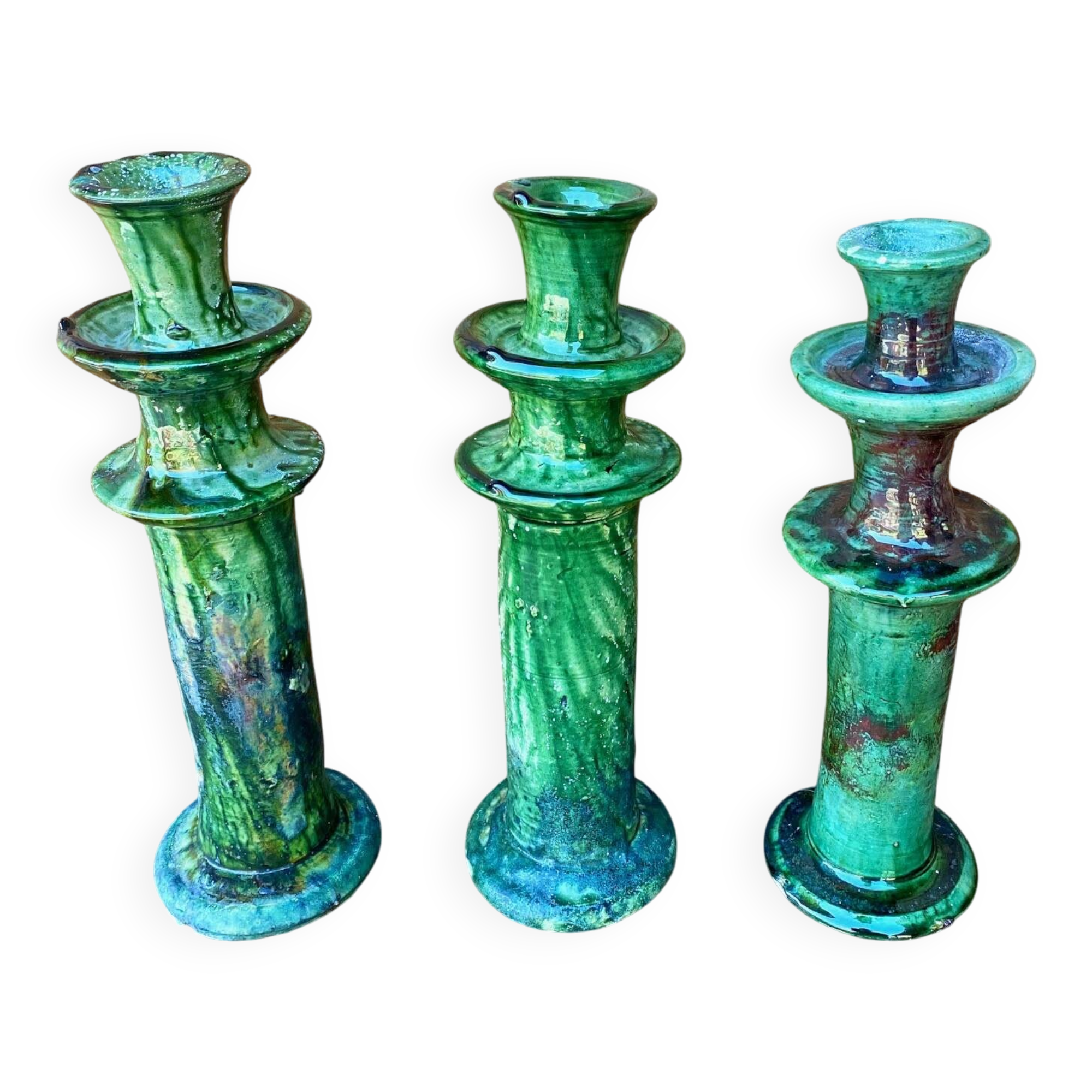 3 Tamegroute candle holders in green glazed ceramic from Morocco.