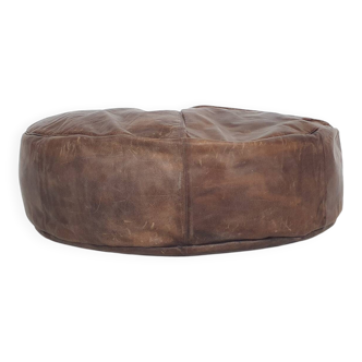 Large vintage round leather ottoman, The Netherlands
