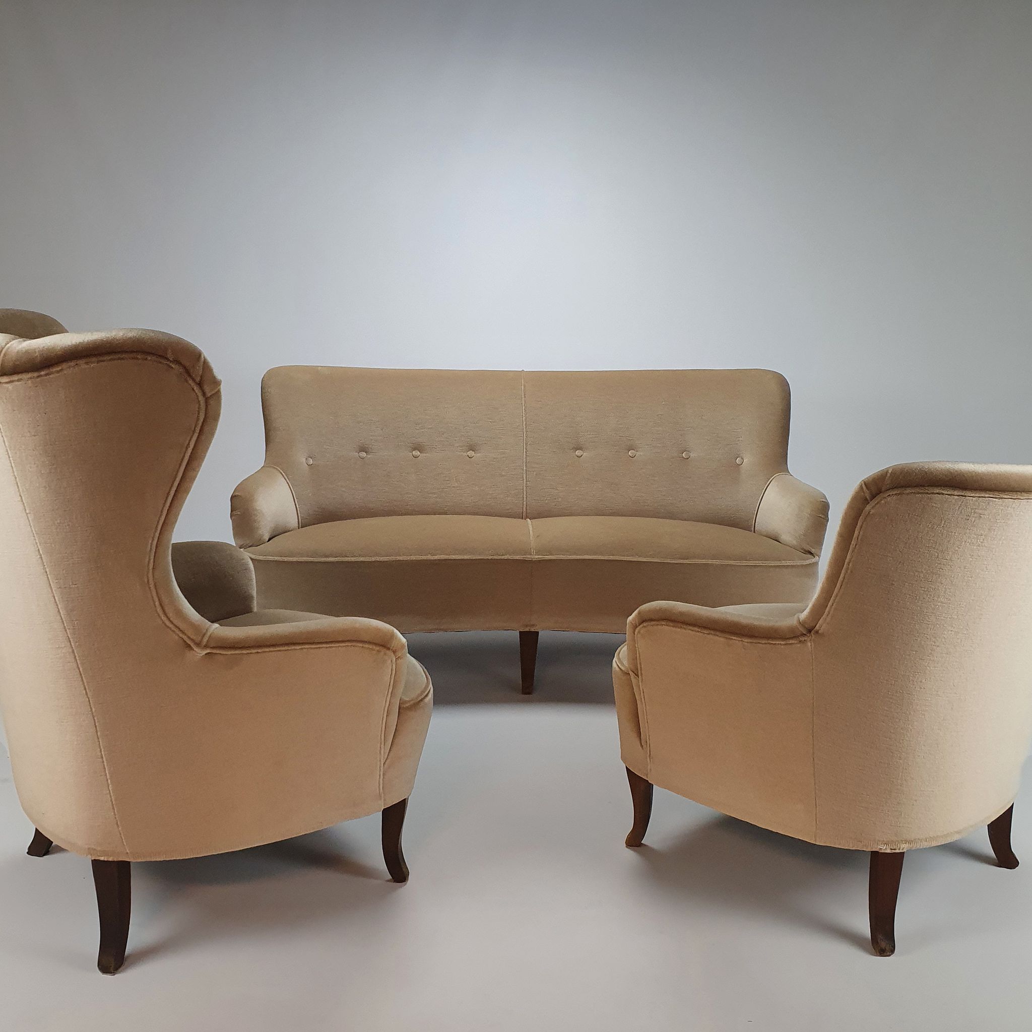 Ensemble de 2 fauteuils et canapé design du milieu du siècle, velours, années 1950
