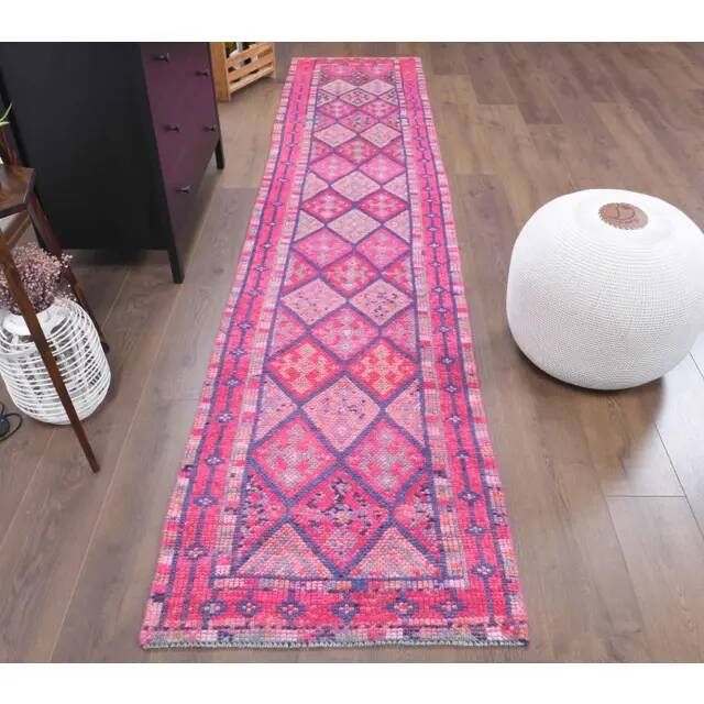Vintage Turkish Oushak Handmade Cotton Purple Wool Runner Rug 74x345