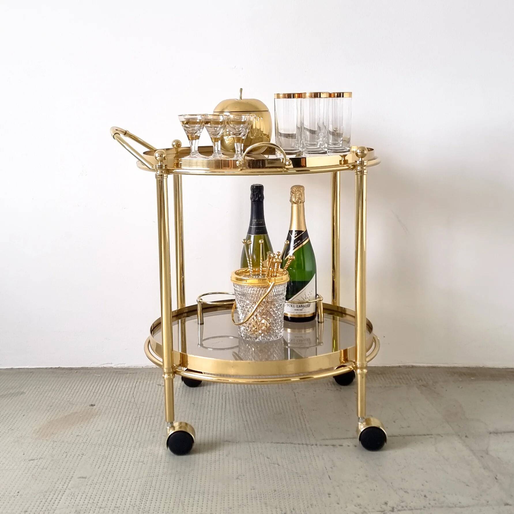 Desserte de bar ronde dorée années 80