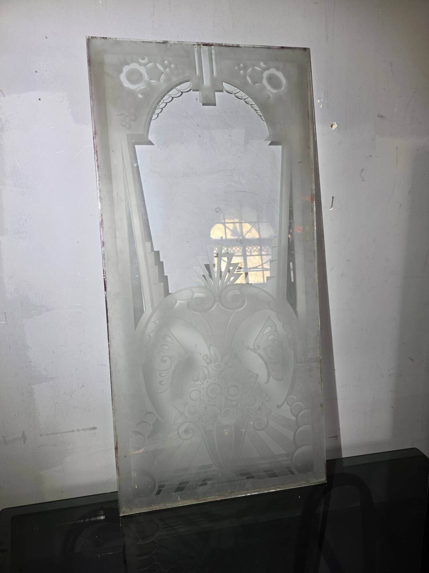 Art Deco engraved glass door panel 1930
