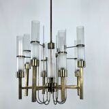 Sciolari, eight arms brass and glass tube chandelier. Italy 1960s