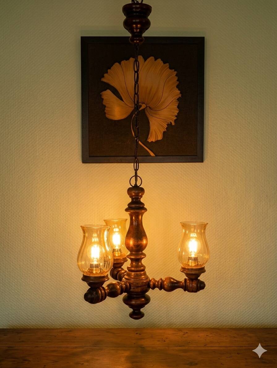 Suspension with three lights, turned varnished wood, amber tulip shade, 1970s.