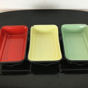 Aperitif service in coloured enamelled sheet metal, cups, ramekins