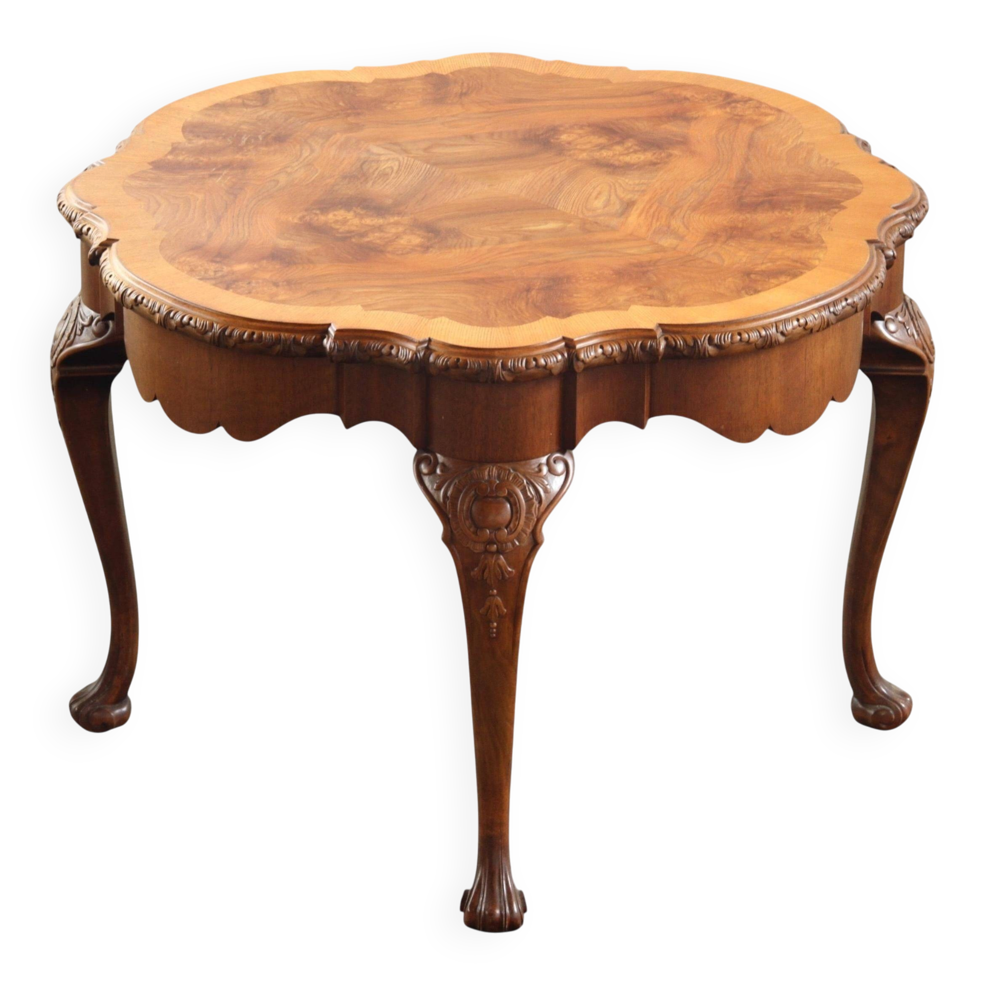 Vintage Figured Burr Walnut Pie Crust Coffee Table, 1920s