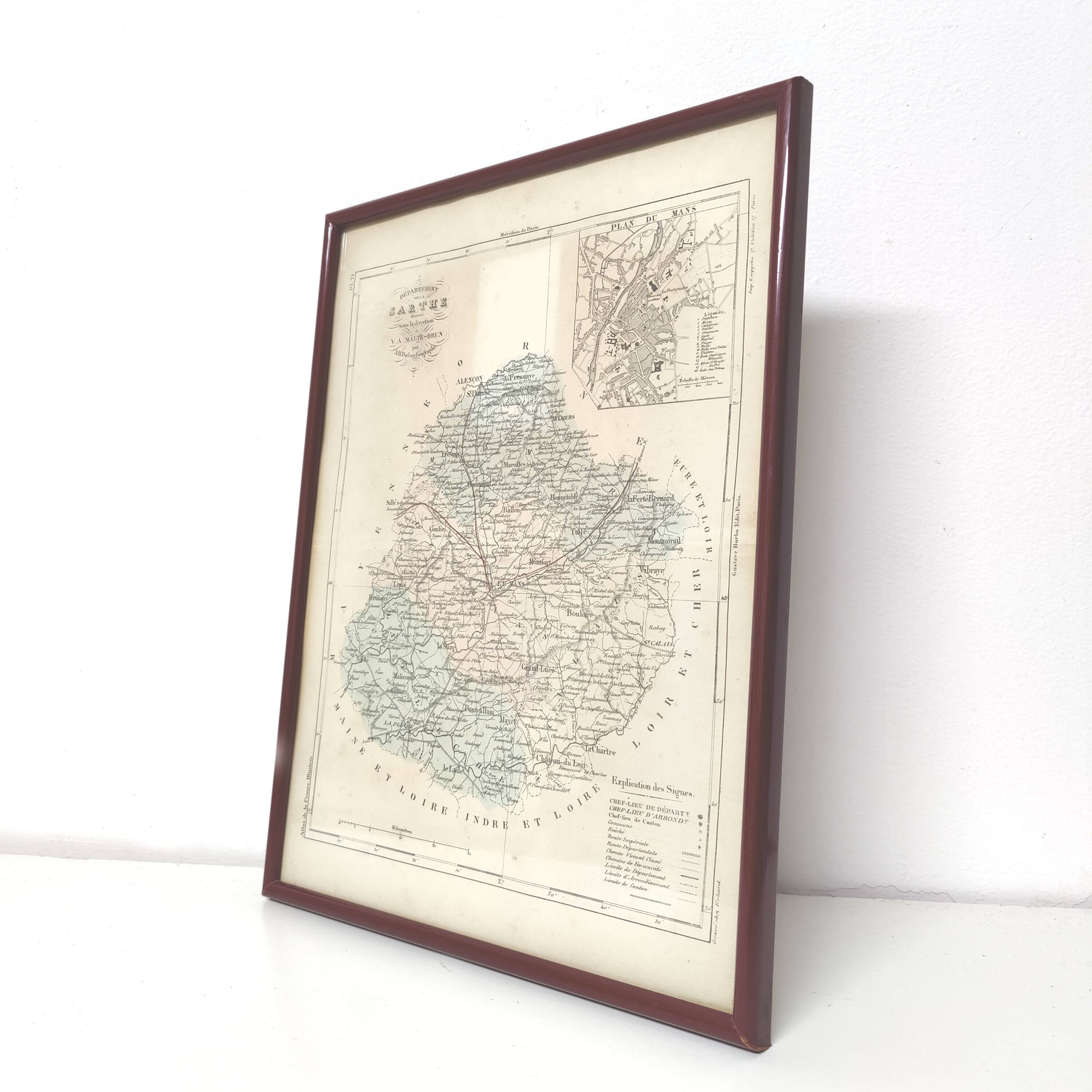 Engraved map of Sarthe wooden frame old plan of Le Mans