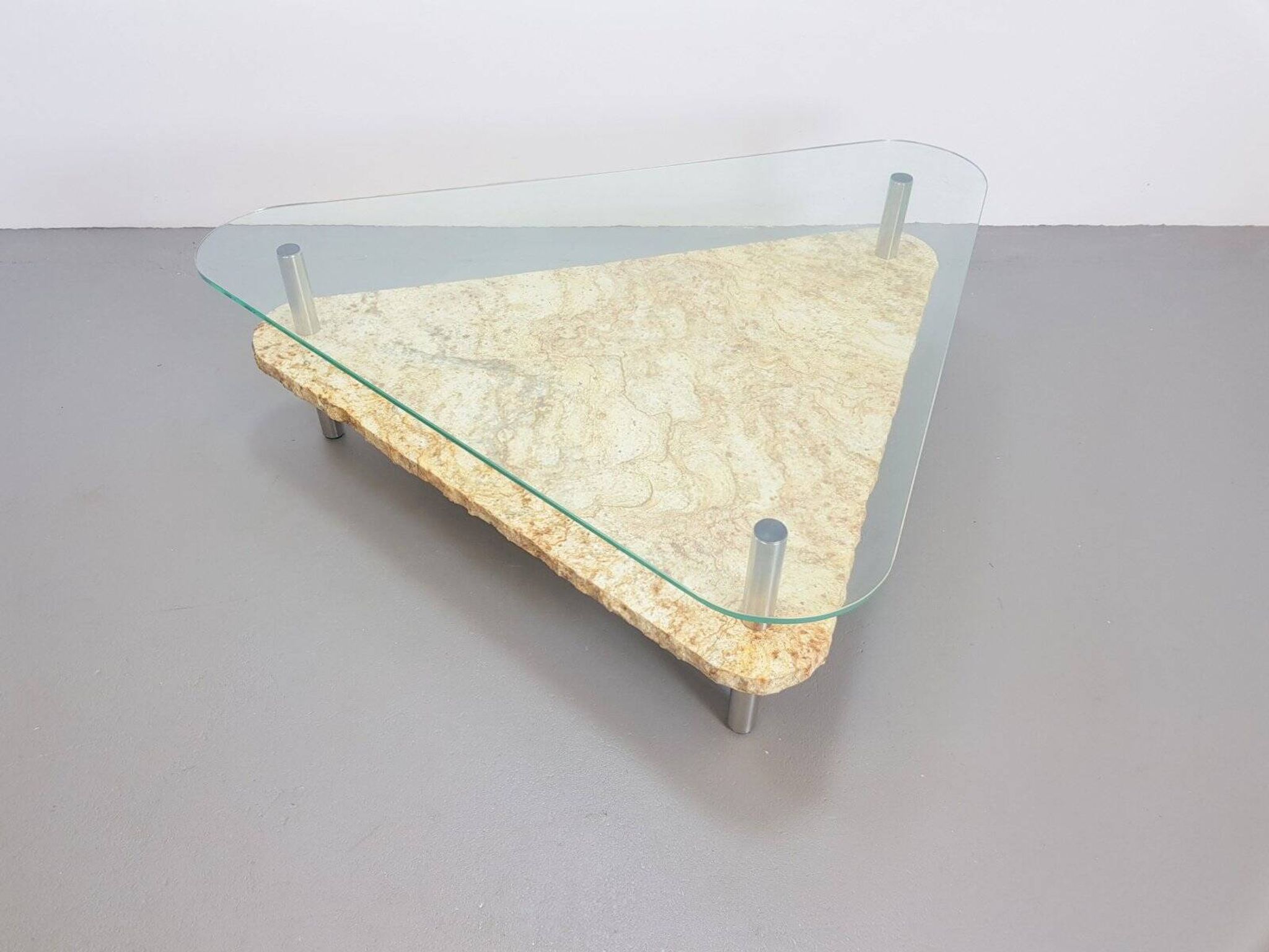 Brutalist Triangle Coffee Table in Marble and Stainless Steel, 1970s