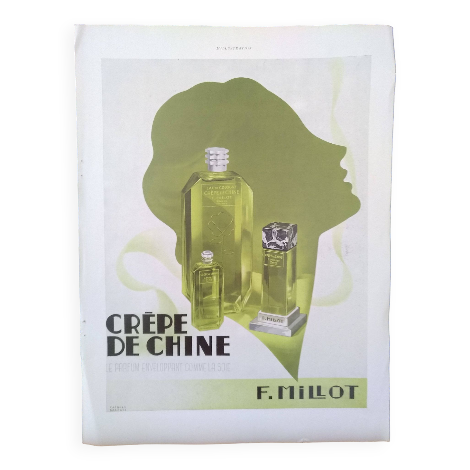 A paper advertisement for perfume brand crêpe de chine and eau de cologne from 1937 magazine