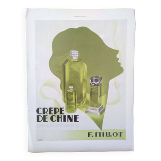 A paper advertisement for perfume brand crêpe de chine and eau de cologne from 1937 magazine