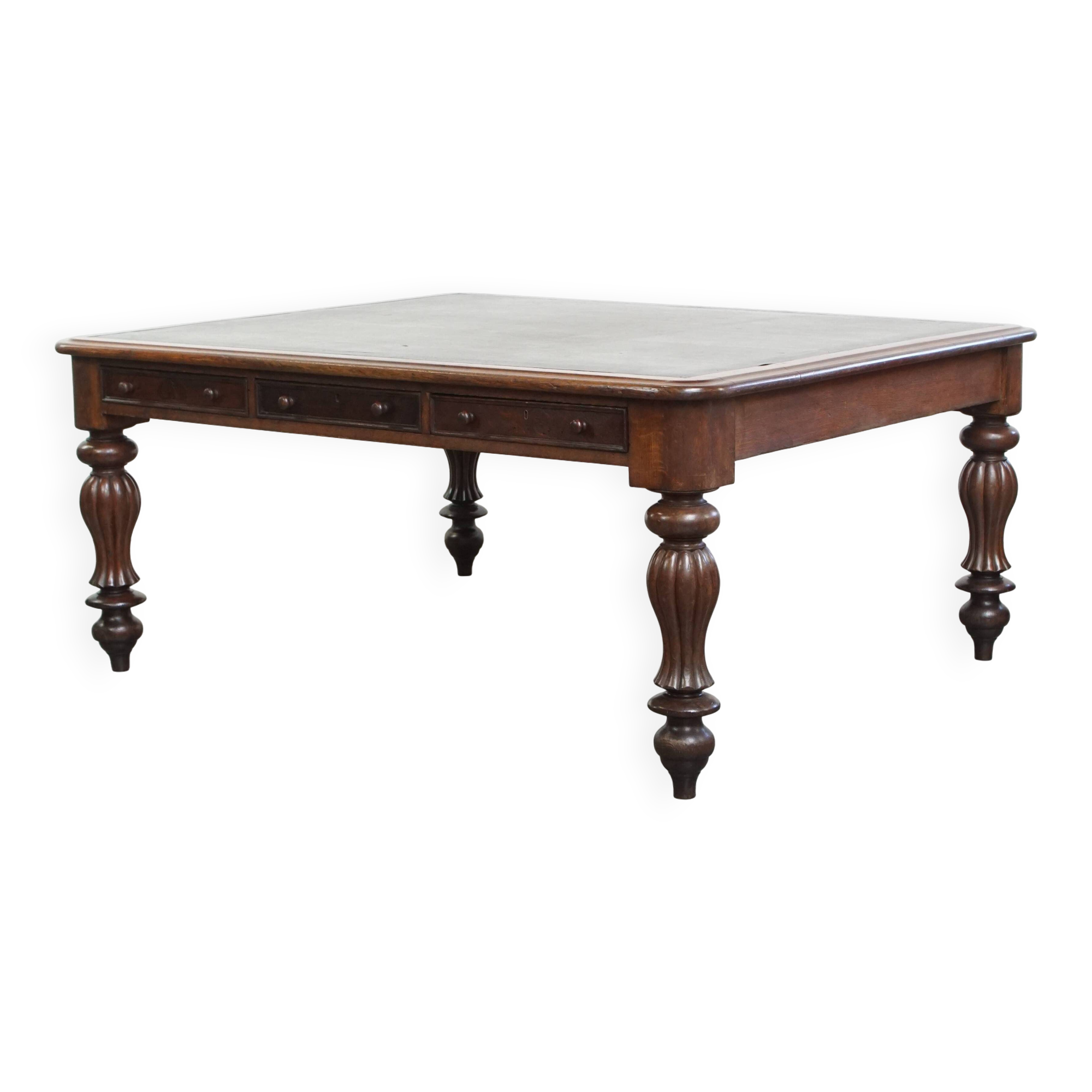 Antique English Oak Writing Desk / Partner Desk with a Leather Top