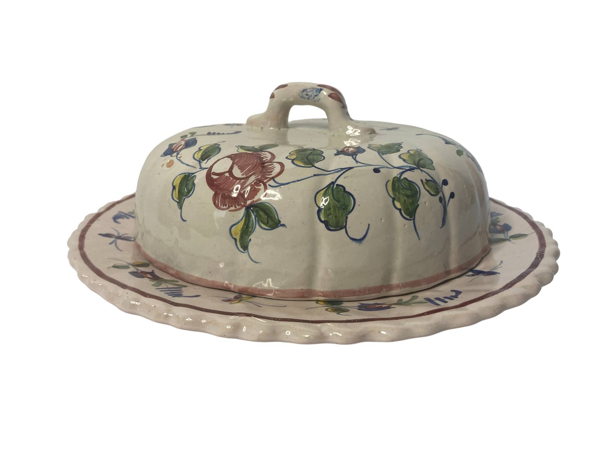 Nevers, cheese dome or butter dish in flowered earthenware, early 20th century