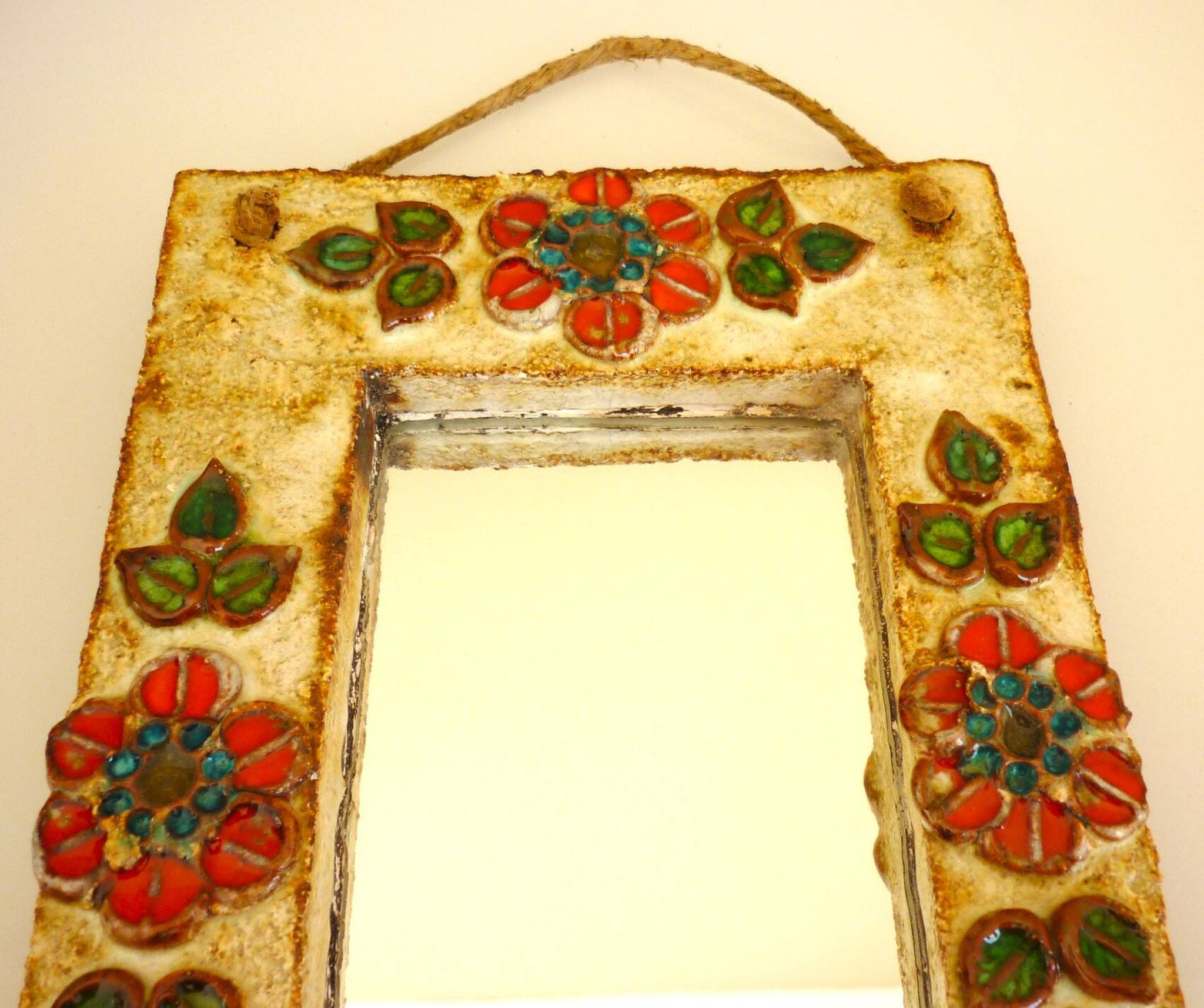 Wall mirror, glazed ceramic, signed La Roue Vallauris, vintage, 31.5 cm