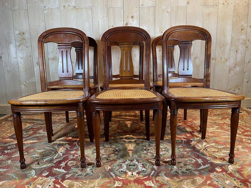 Set of 6 Louis Philippe chairs in cherry wood and cane