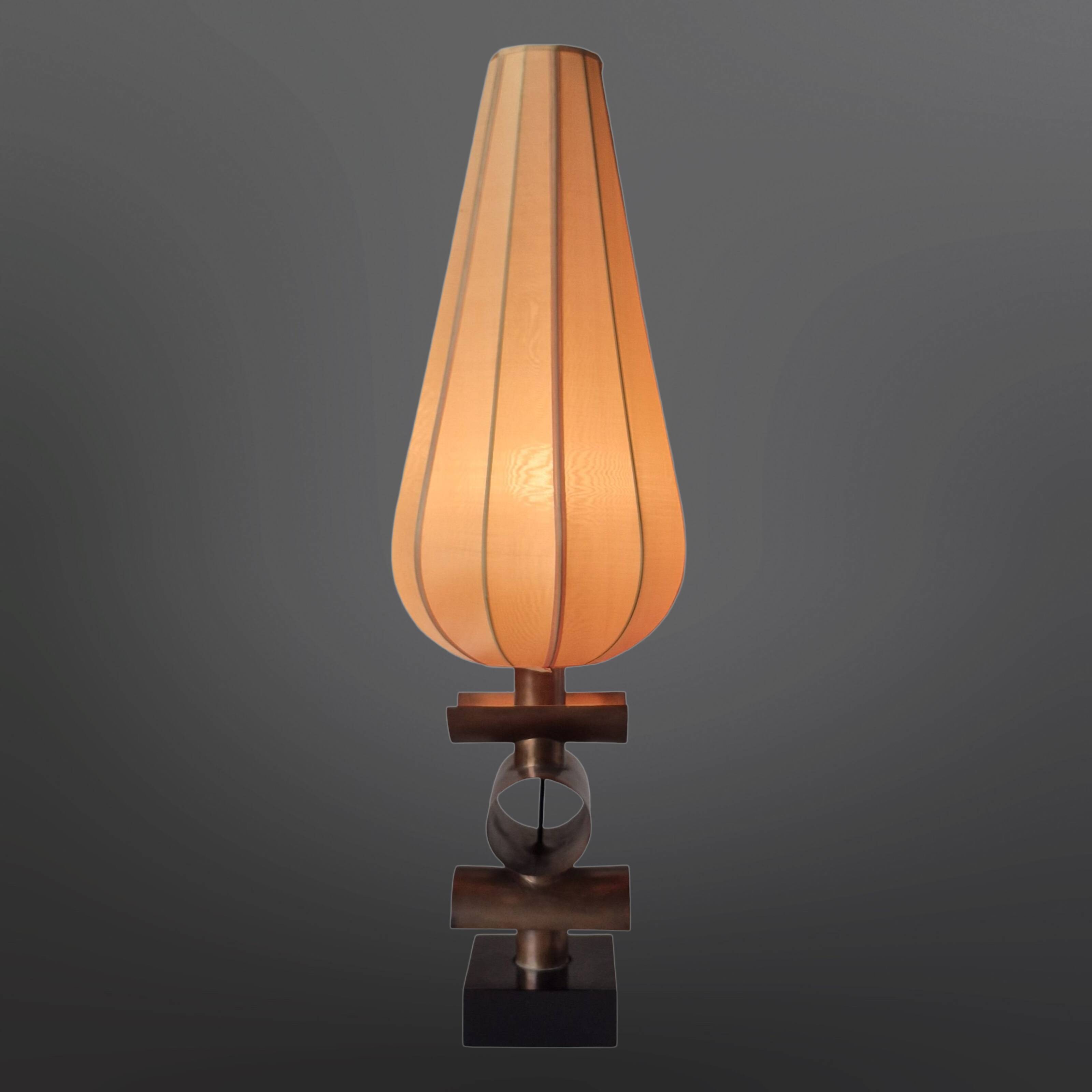 Modernist handcrafted copper and silk table lamp, Netherlands 1950s