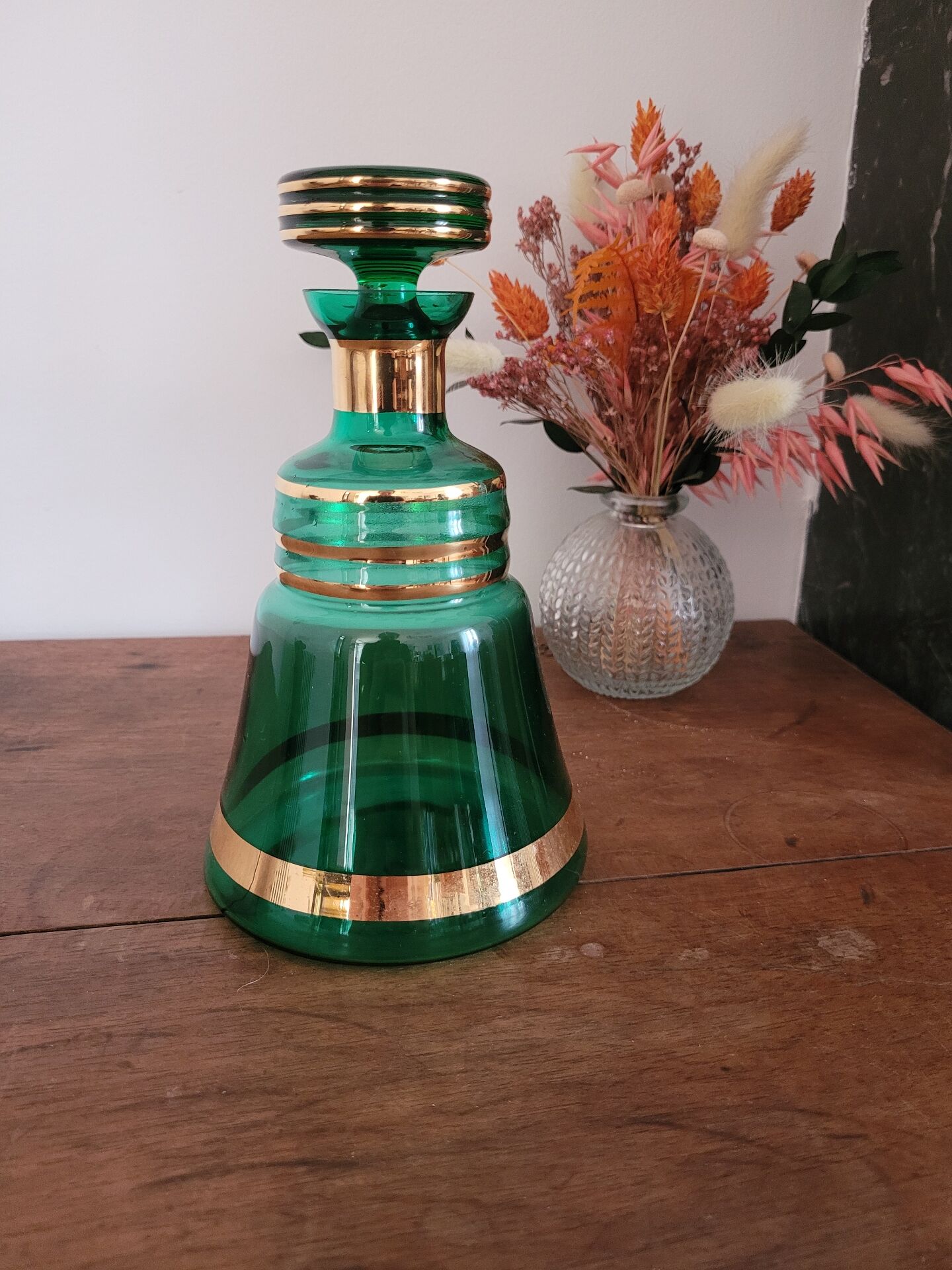 Green and gold glass carafe