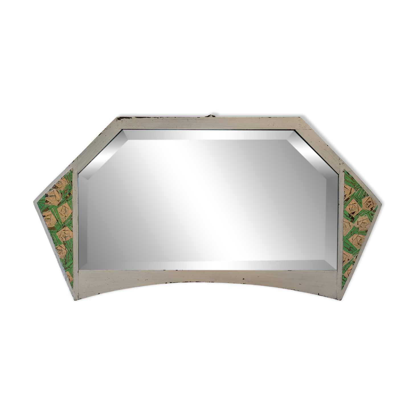 Vintage geometric mirror with floral decoration – painted patinated wood – 79 cm
