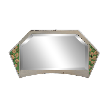 Vintage geometric mirror with floral decoration – painted patinated wood – 79 cm