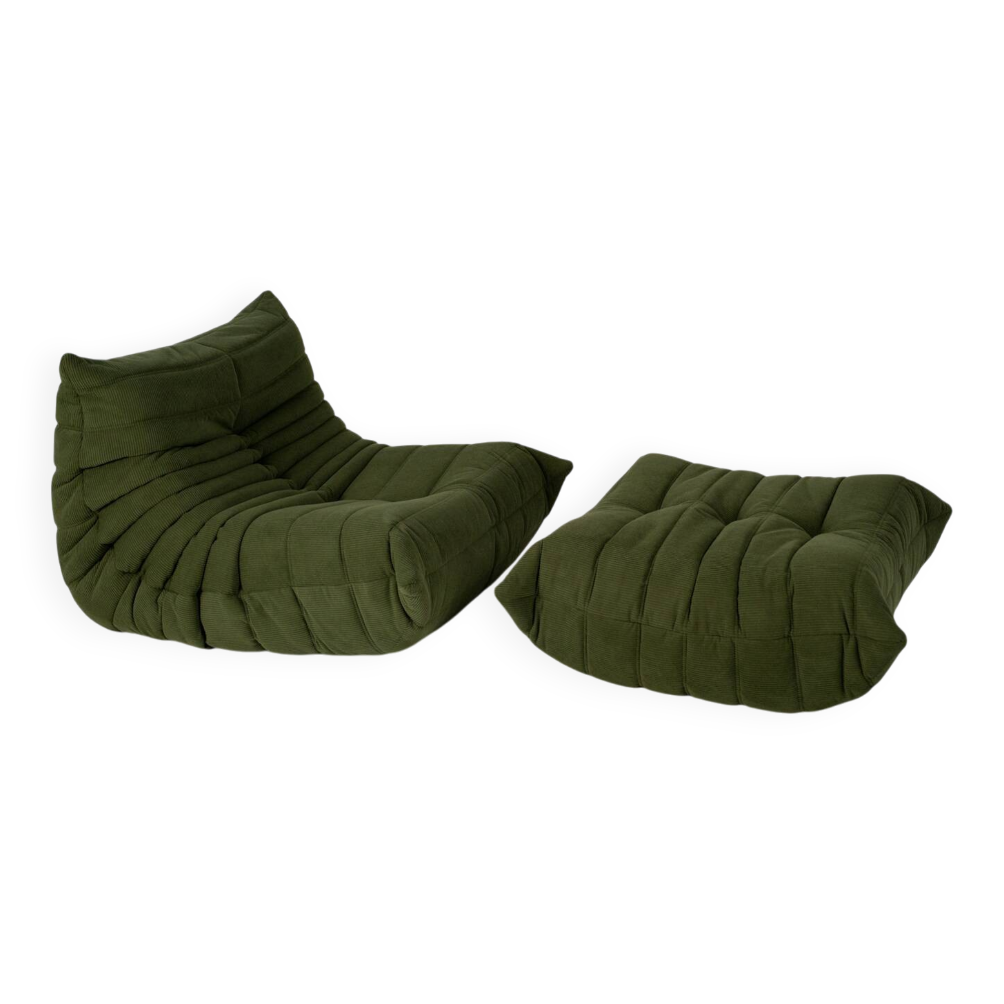 Togo set of armchair and pouf in khaki corduroy