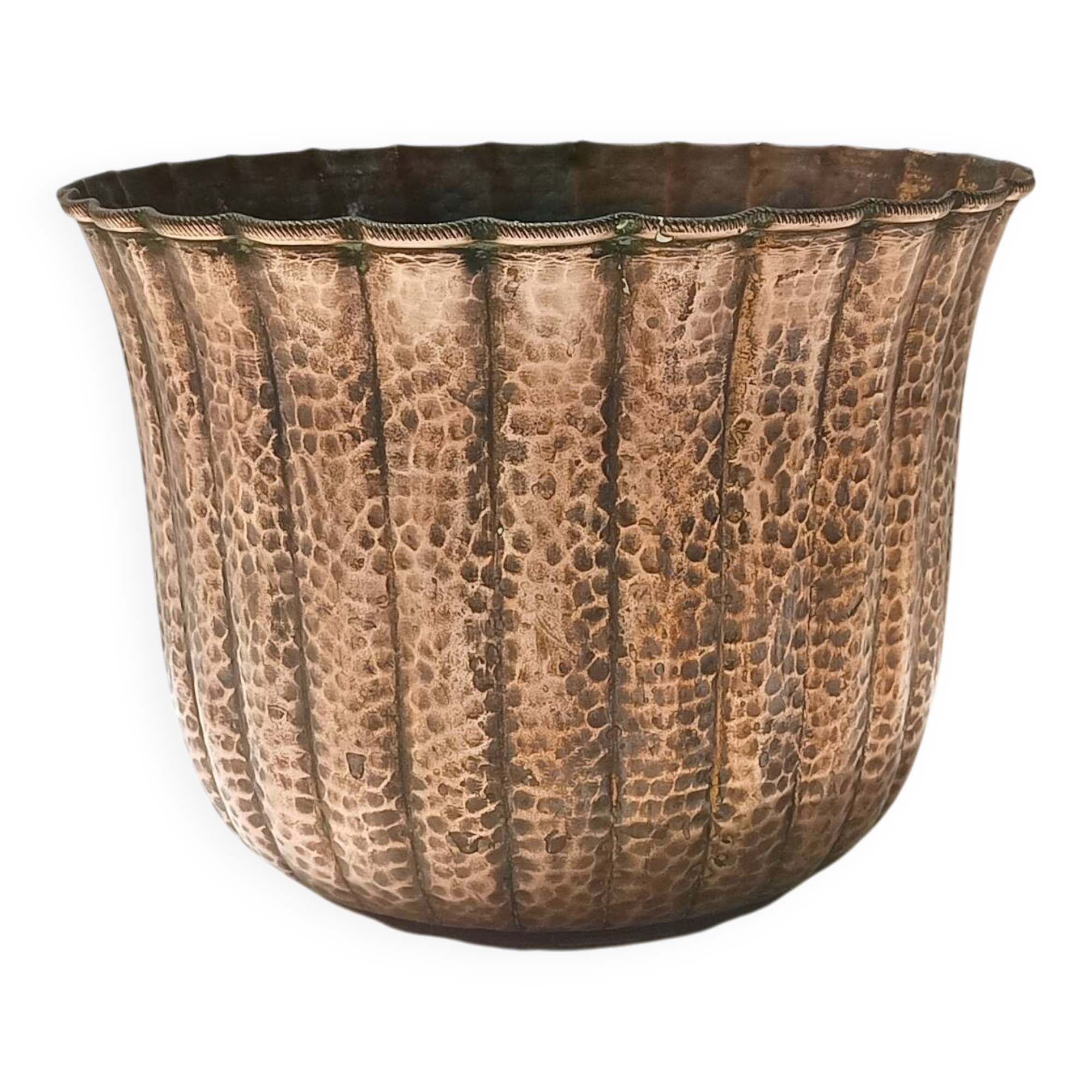 Round Embossed Copper Cachepot / Vase in the style of Egidio Casagrande