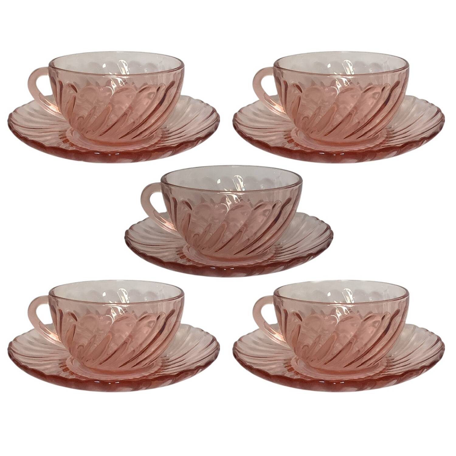Set of 5 coffee cups + saucers – Rosaline Arcoroc pink glass – 1970s