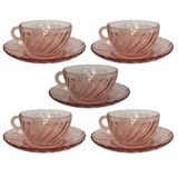 Set of 5 coffee cups + saucers – Rosaline Arcoroc pink glass – 1970s