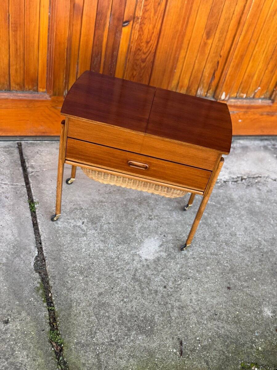 Danish storage cart in brown teak and wicker, 1960s, Mid-Century style.