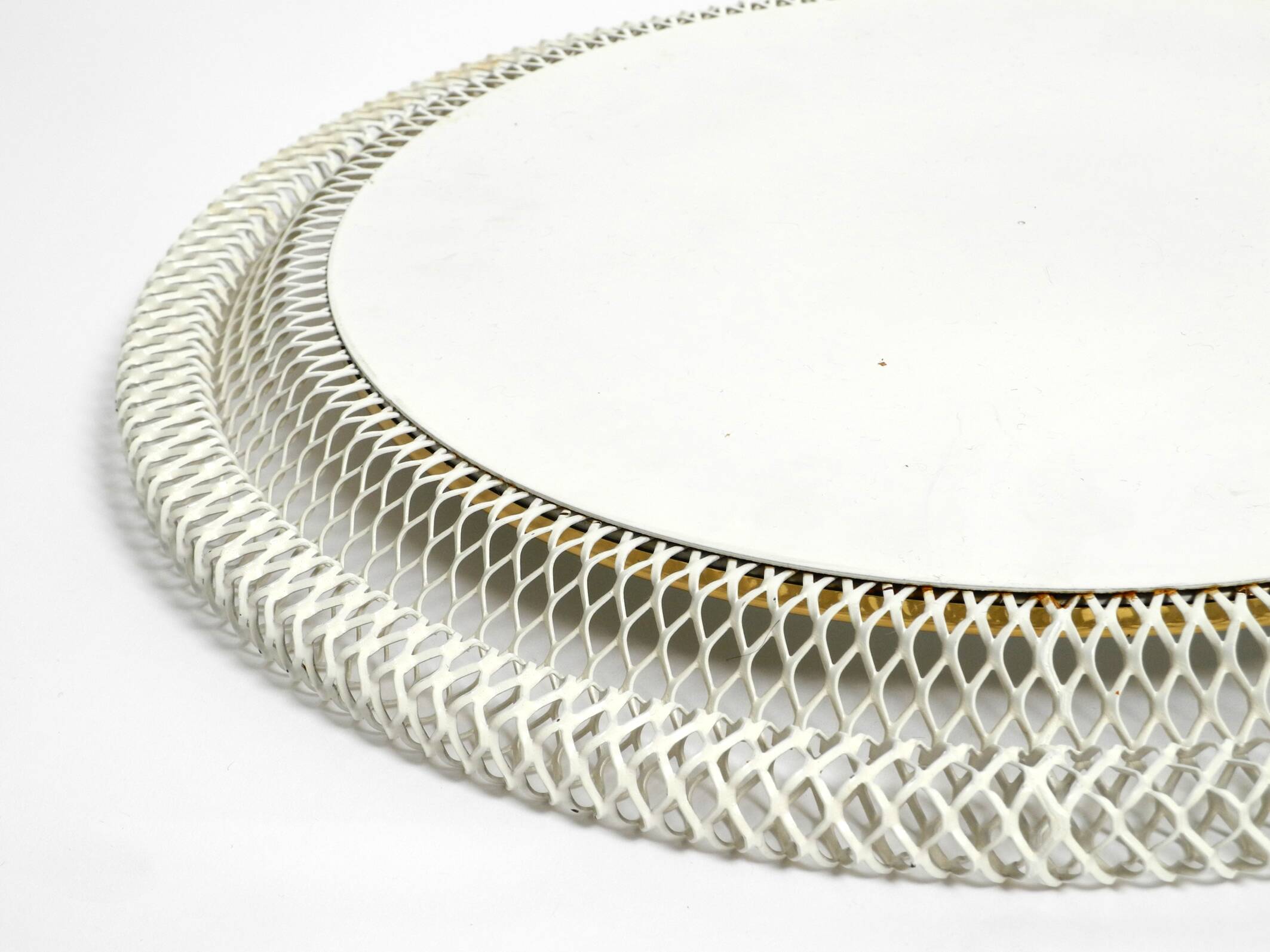 Pair of Mid Century wall mirrors with brass rim and white metal frames