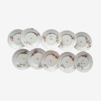 10 assiettes plates anciennes décor main porcelaine Limoges
