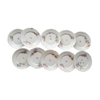 10 assiettes plates anciennes décor main porcelaine Limoges