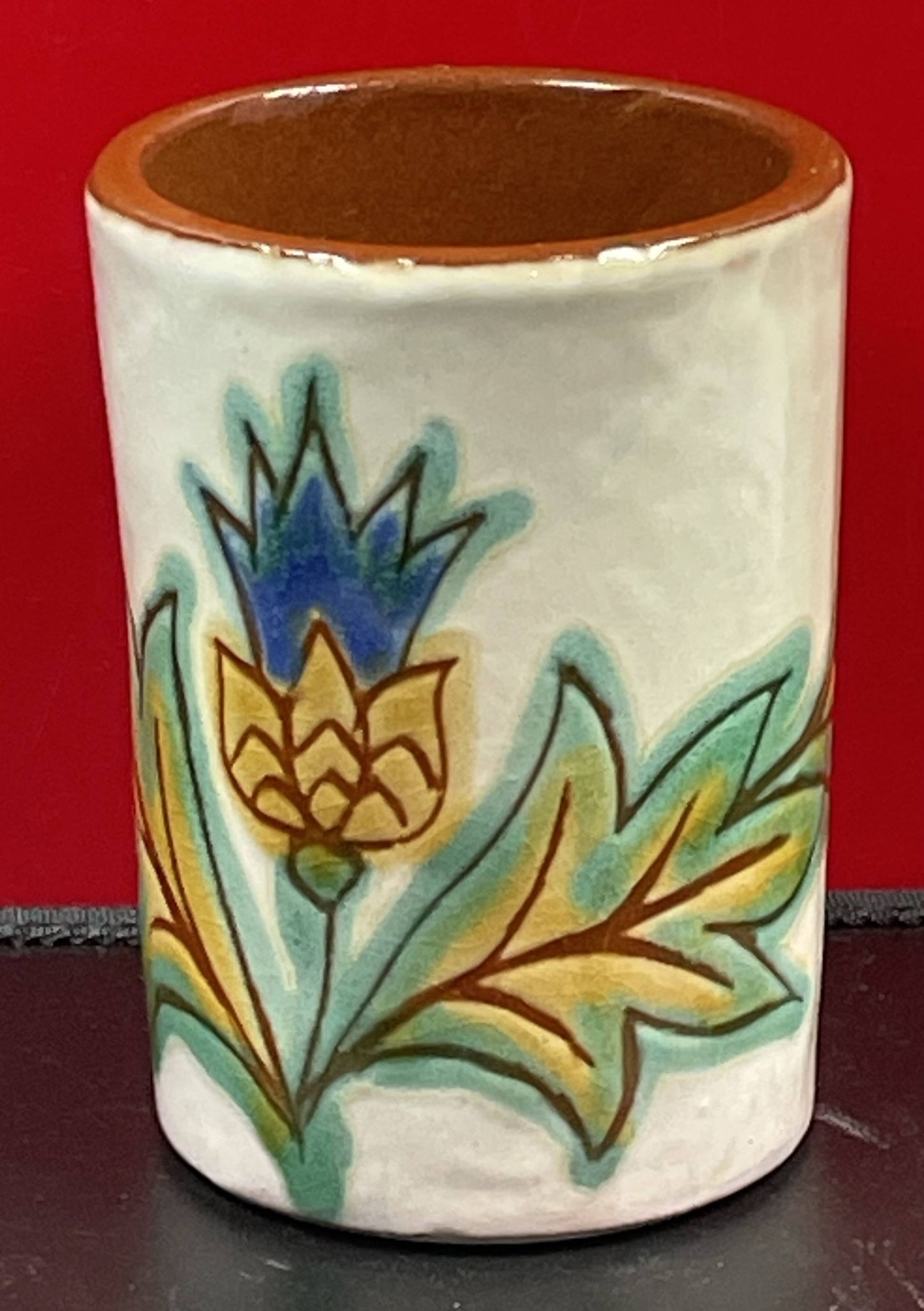 Vintage ceramic, 70" vintage cornflower enameled brush pot to identify