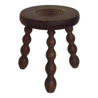 Vintage French Hand Made Wood Milking Stool 3 Bobbin Legs Bullseye Seat 4789