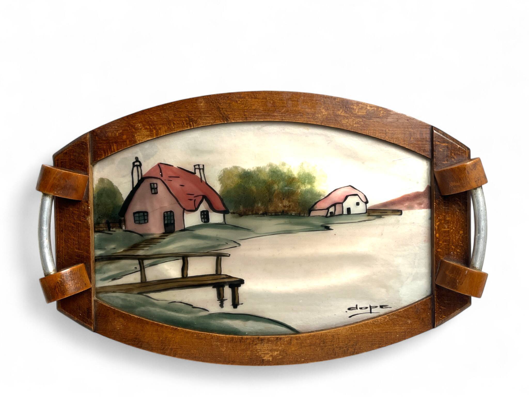 Art Deco, painted glass top, wooden frame, signed Dope, circa 1930