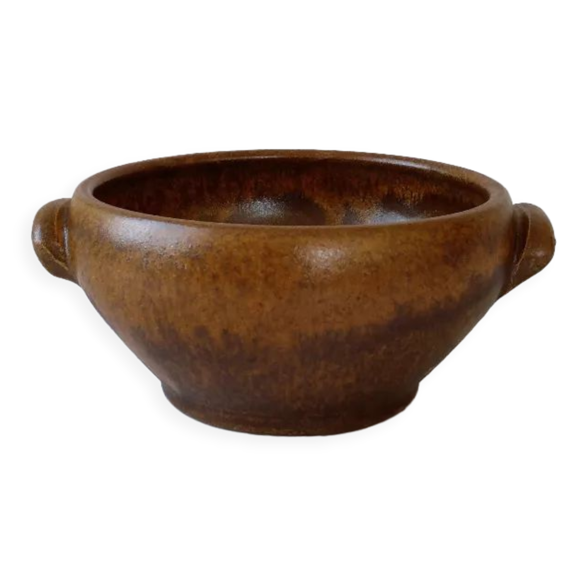 Brown Digoin stoneware bowl with handles