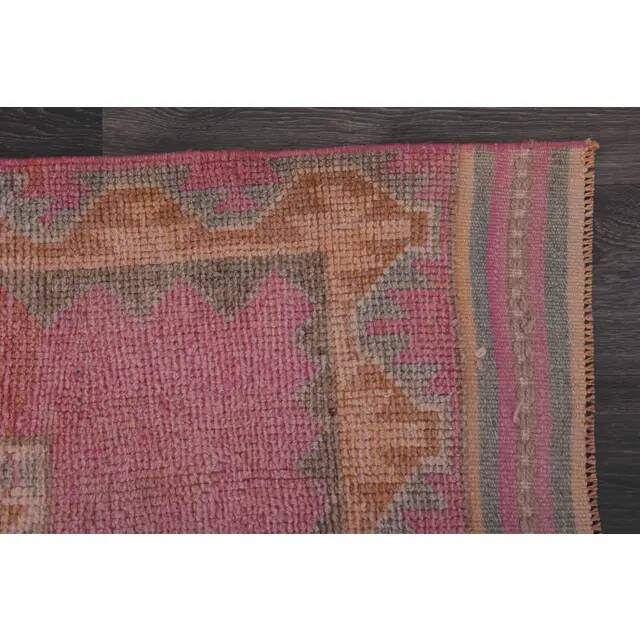 1970s Vintage Turkish Hand-Knotted Wool Cotton Pink Runner Rug 110x361