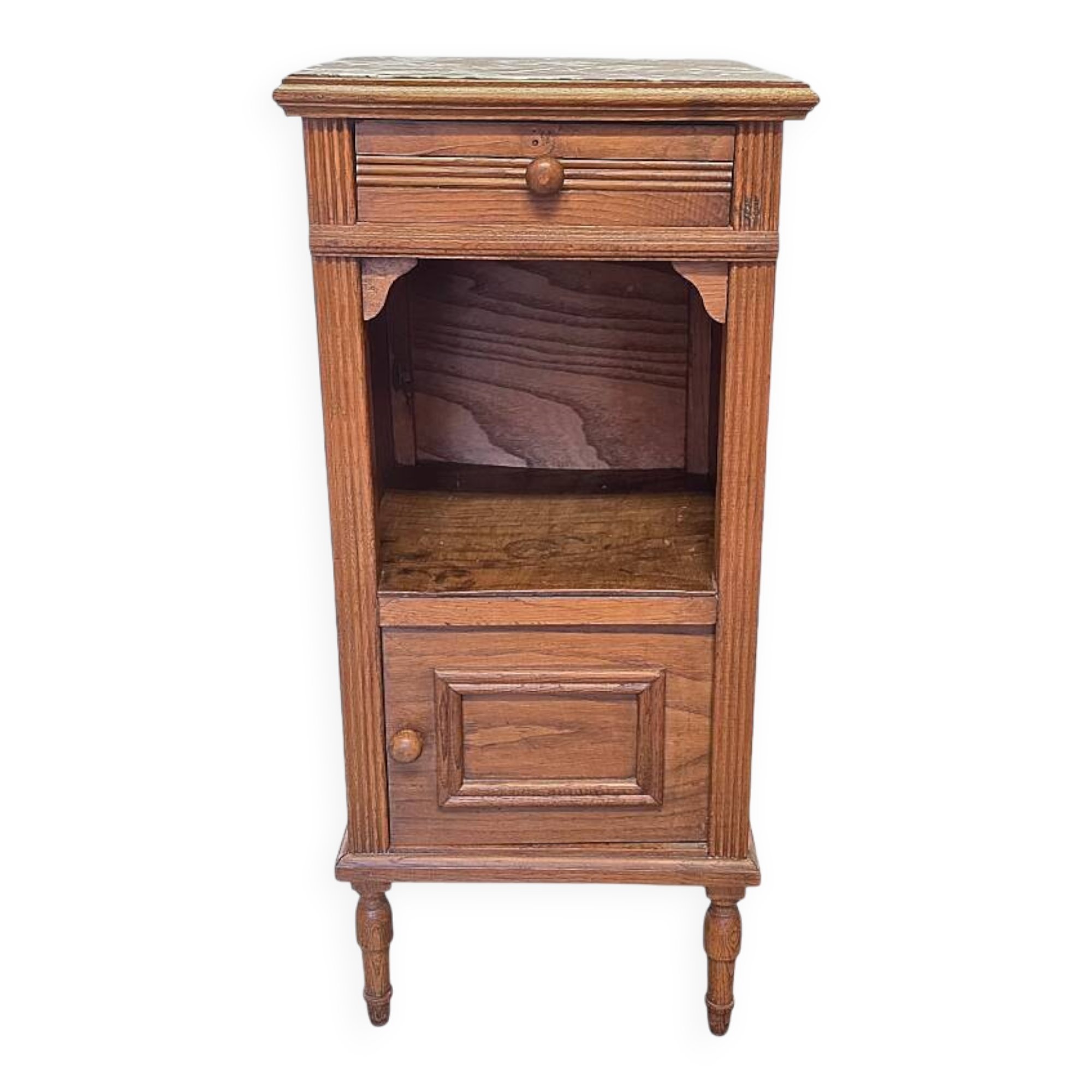 Antique French Oak Bedside Table With Marble Top, early 1900s