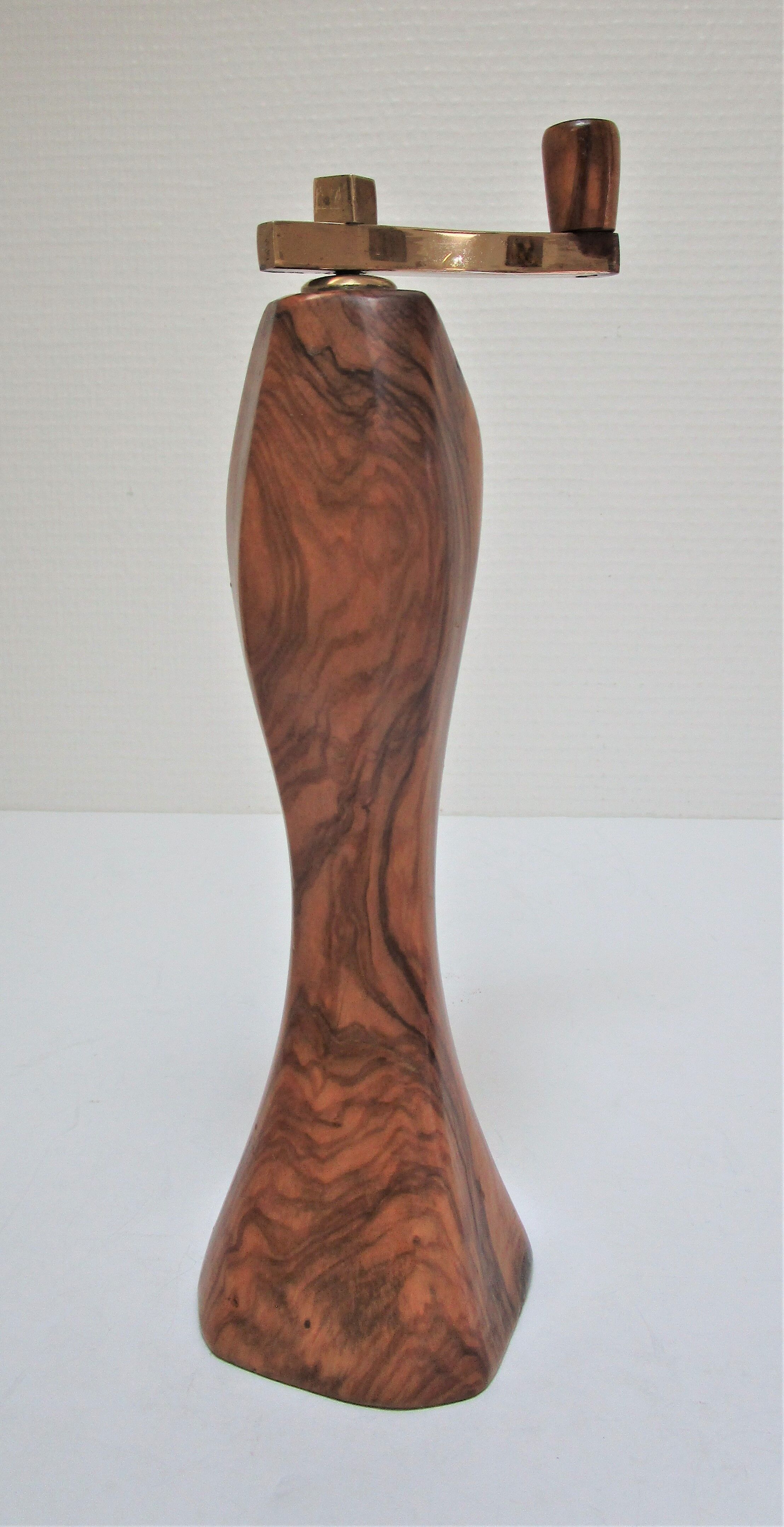 Sculptural pepper mill olive wood and brass vintage design