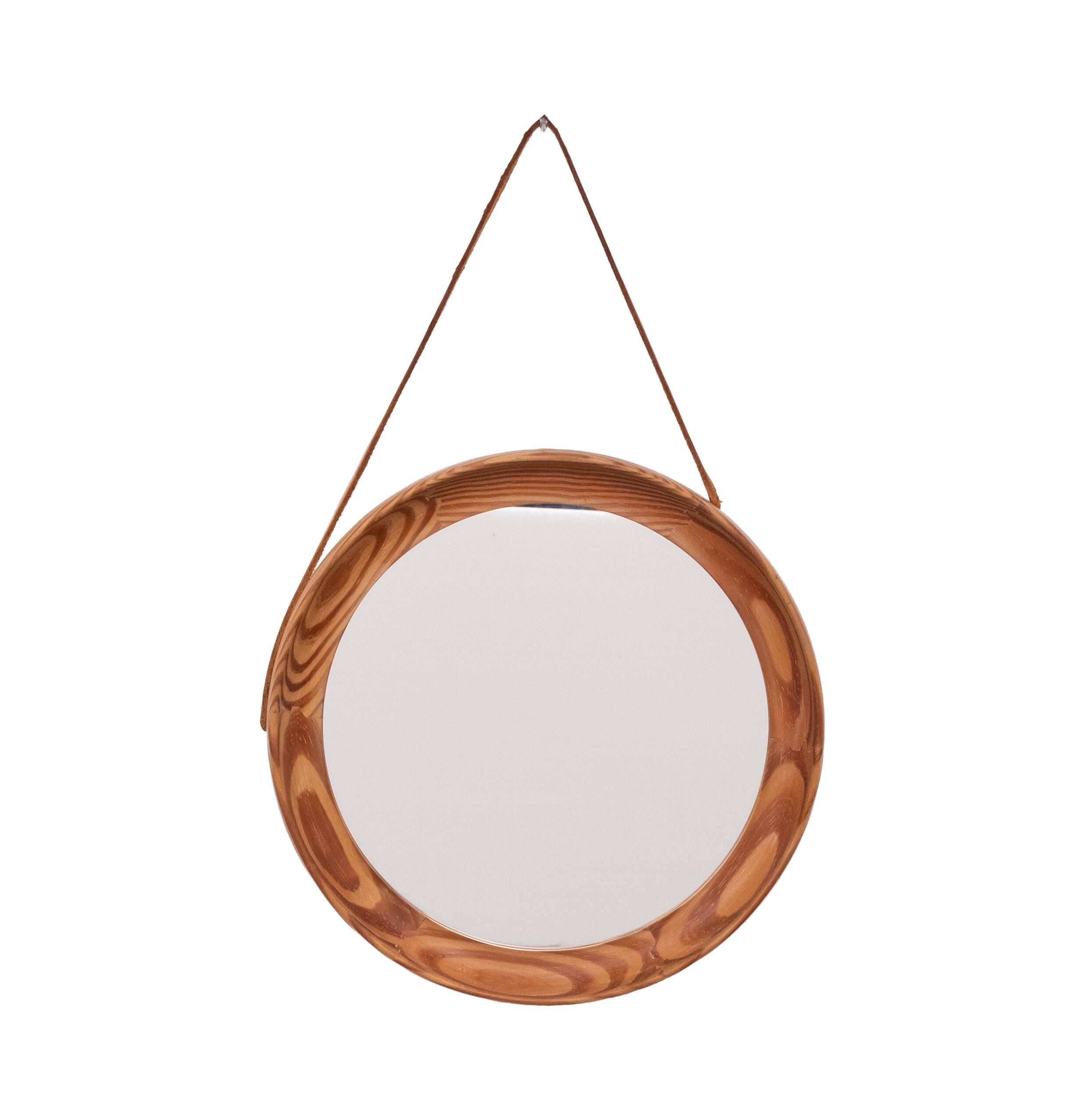 Uno & Östen Kristiansson Solid Pine round Wall Mirror Sweden 1960s
