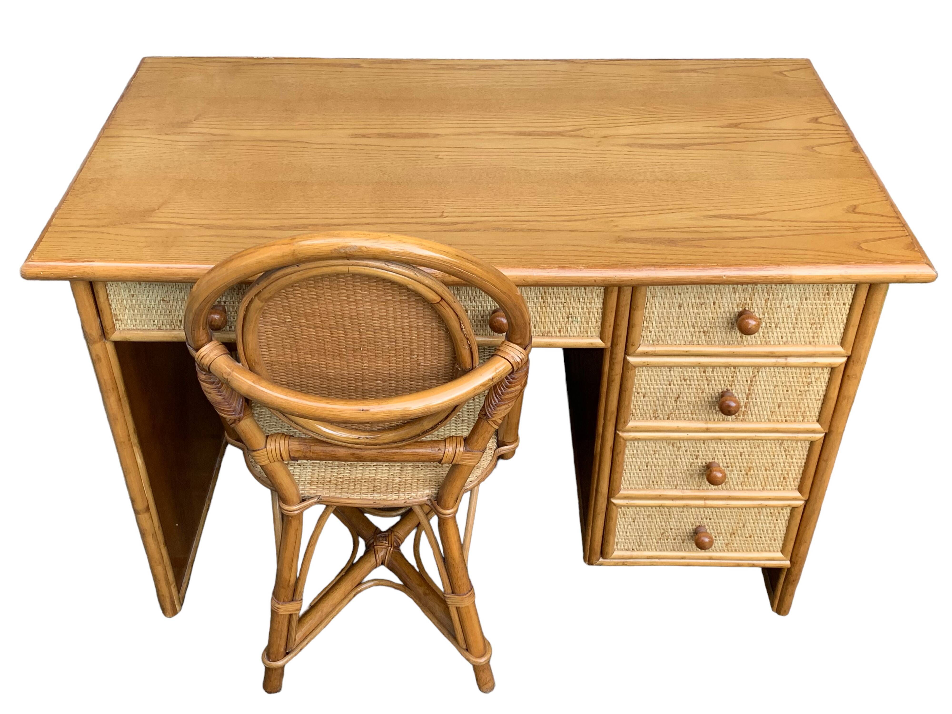 Vintage rattan and woven wicker desk 1970