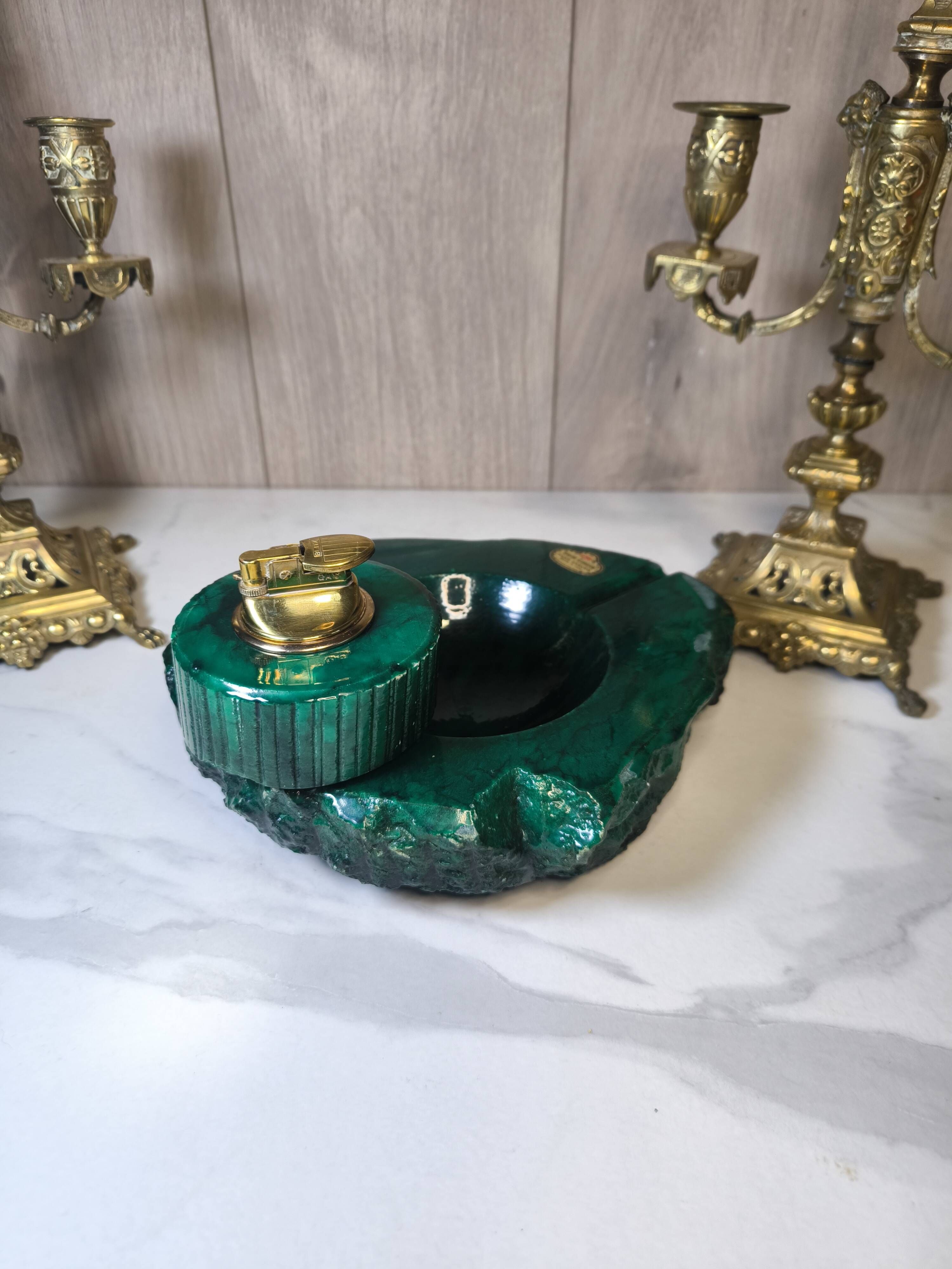 Vintage 70's Desk Set in Green Alabaster Malachite - 3 Pieces - Ita