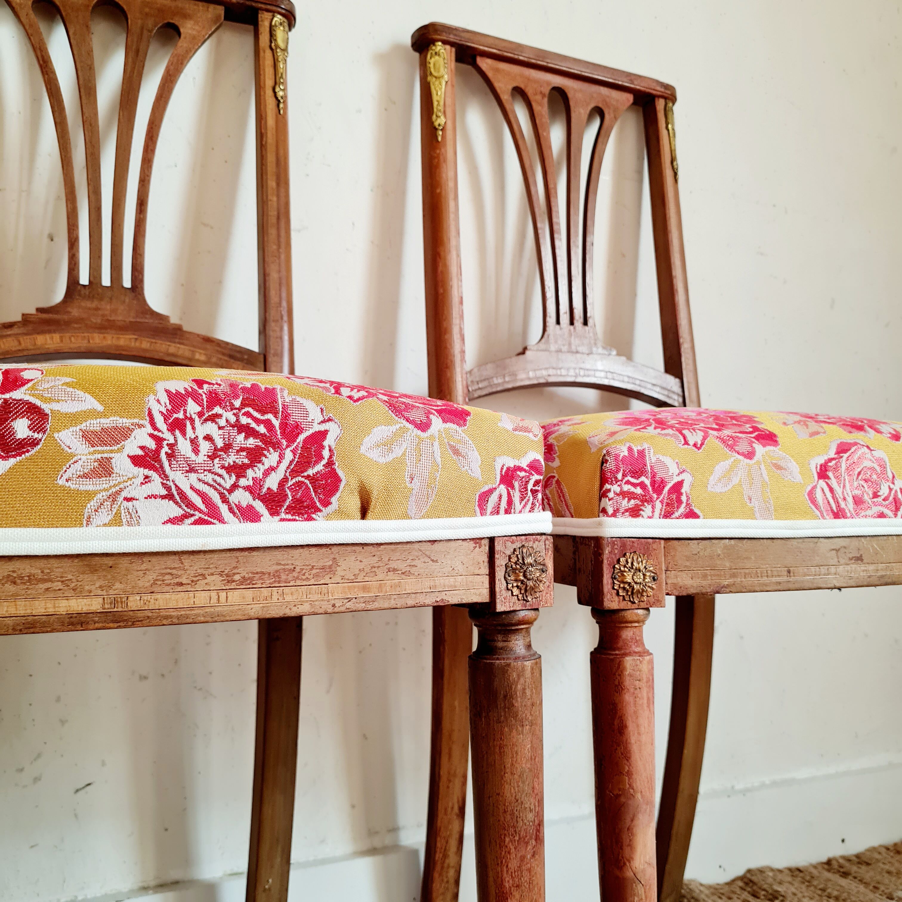 Duo of antique wooden chairs seated redone