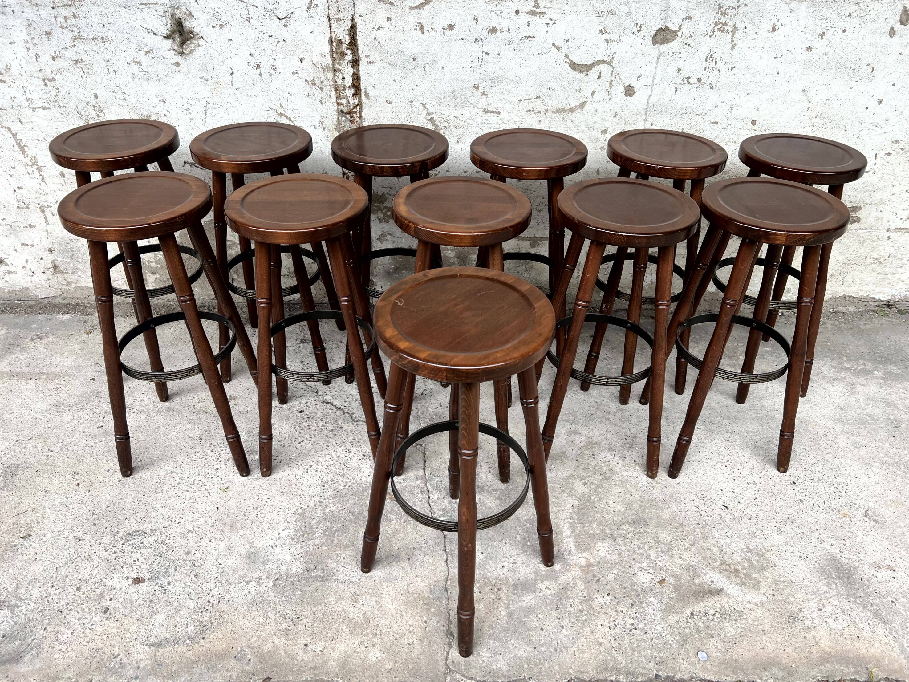 Set of 12 solid wood bar stools 1960 - 1970 vintage