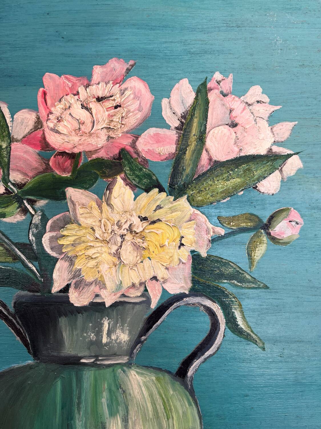 Antique painting, oil on panel, bouquet of peonies