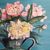 Antique painting, oil on panel, bouquet of peonies