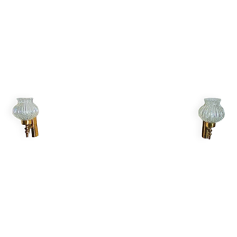 Vintage 1970s wall sconces – moulded glass & brass – pair